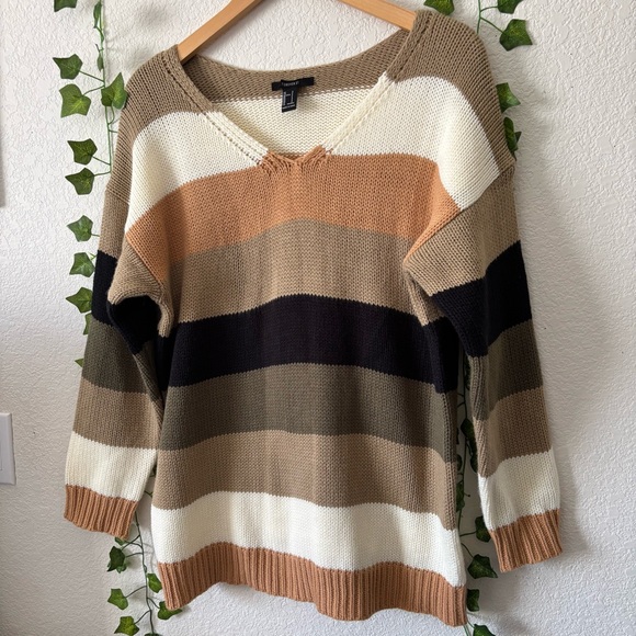 Forever 21 Women’s Striped Green Brown Oversized V-Neck Knit Sweater Size S - Picture 6 of 11